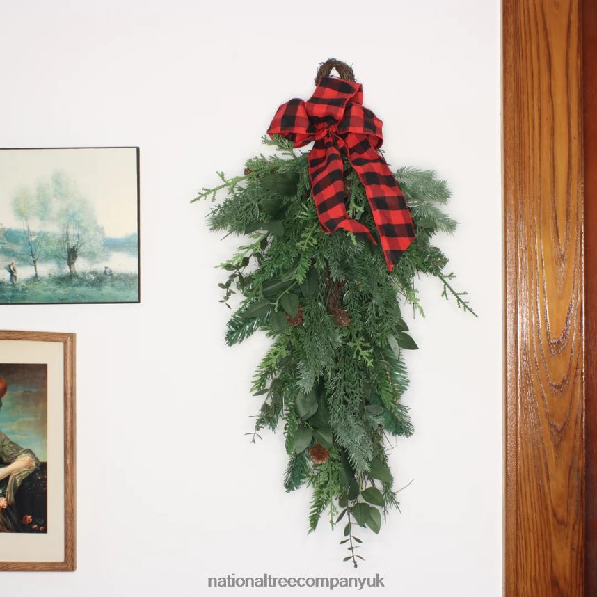 Greenery | National Tree Company Mixed Pine Christmas Teardrop with Plaid Bow Pinecones 30 in F2L4F487